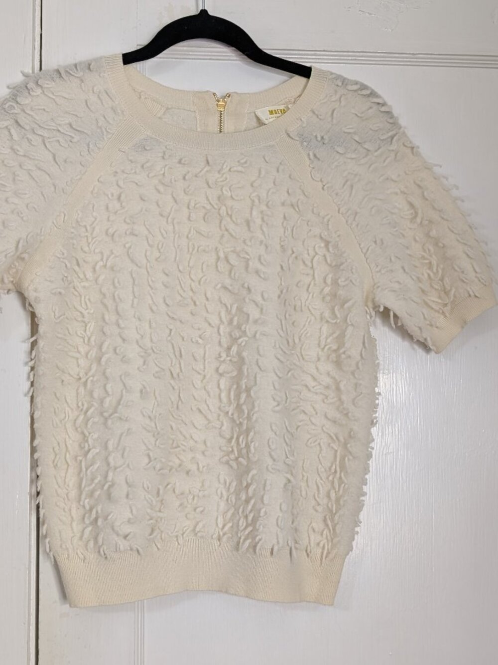 Anthropologie Maeve Scottie Textured Cream Merino Lambswool Short Sleeve Sweater